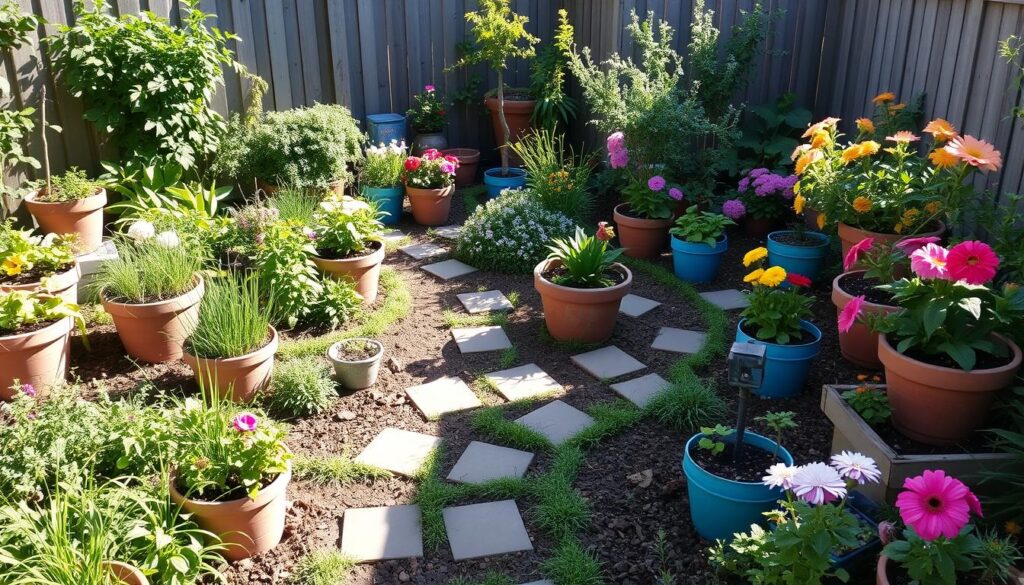 Small Garden Landscape with containers and raised beds