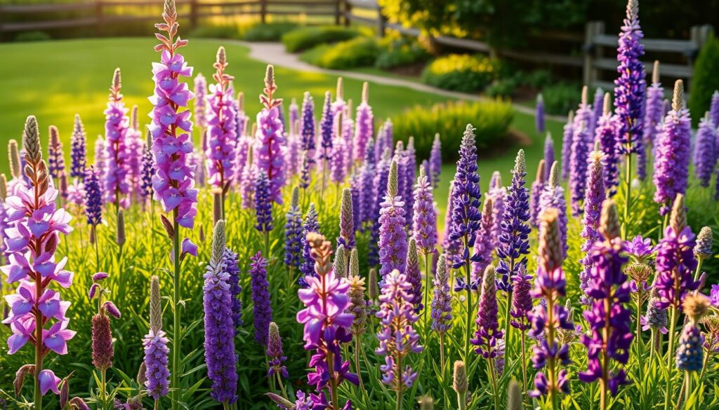 Purple perennials in garden