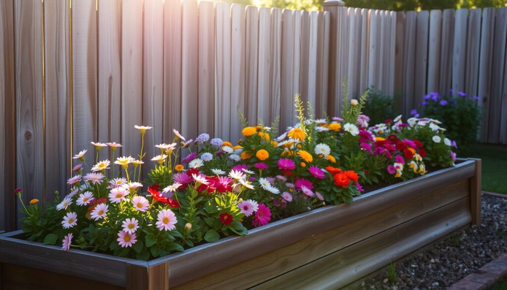 Raised flower beds along fence