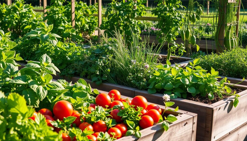 Raised vegetable beds with diverse crops