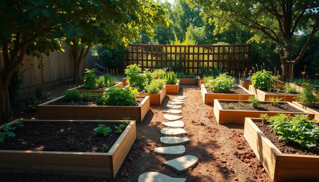 Small garden layout with raised beds