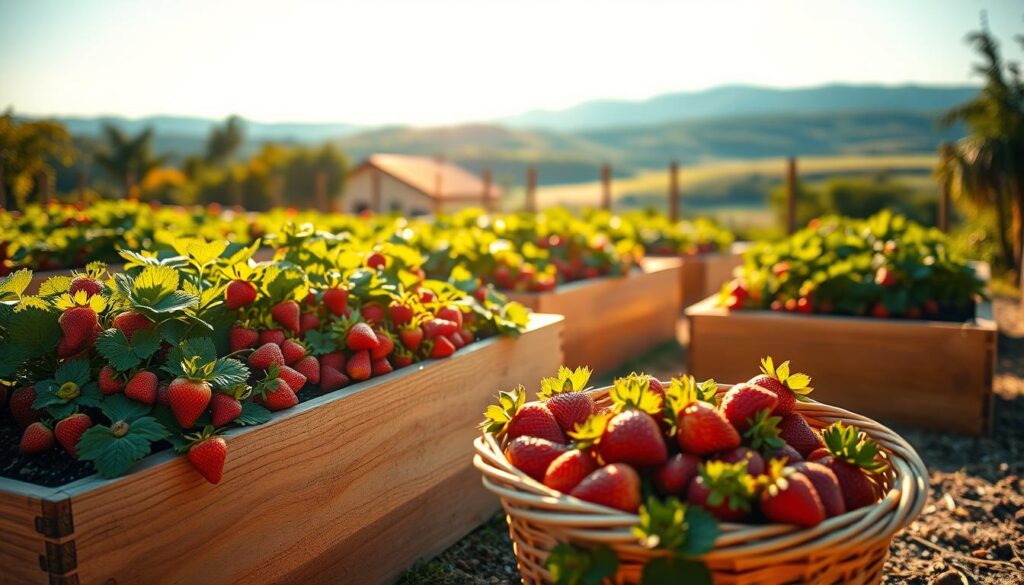 Strawberry garden in raised beds