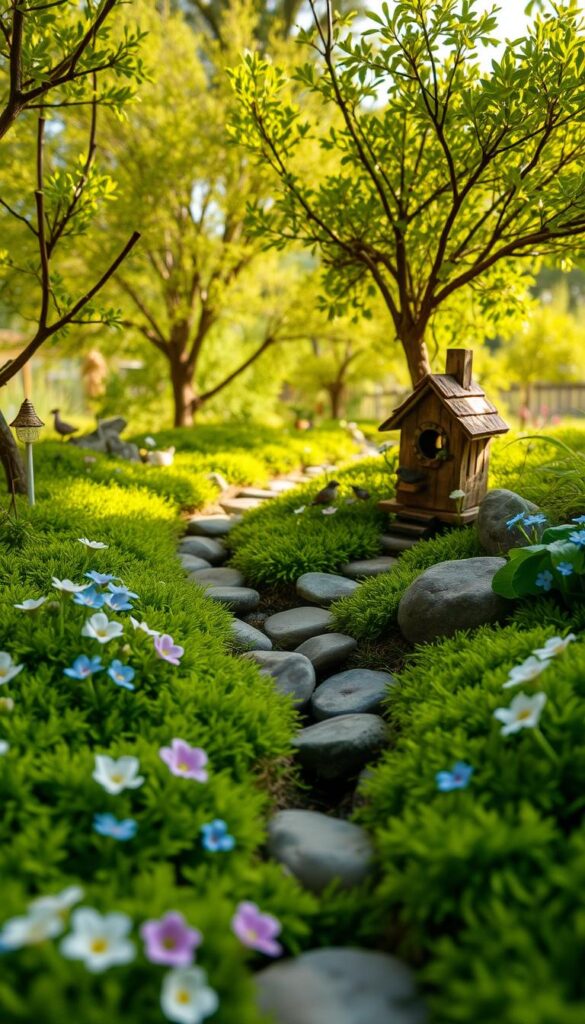 Spring fairy garden with miniature flowers