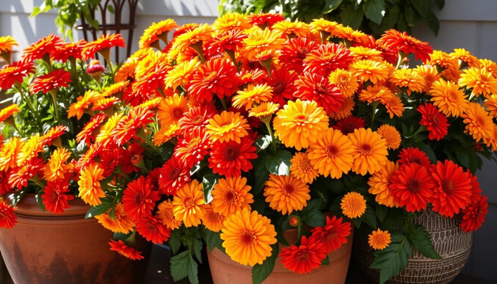 Zinnias in containers and marigolds aesthetic
