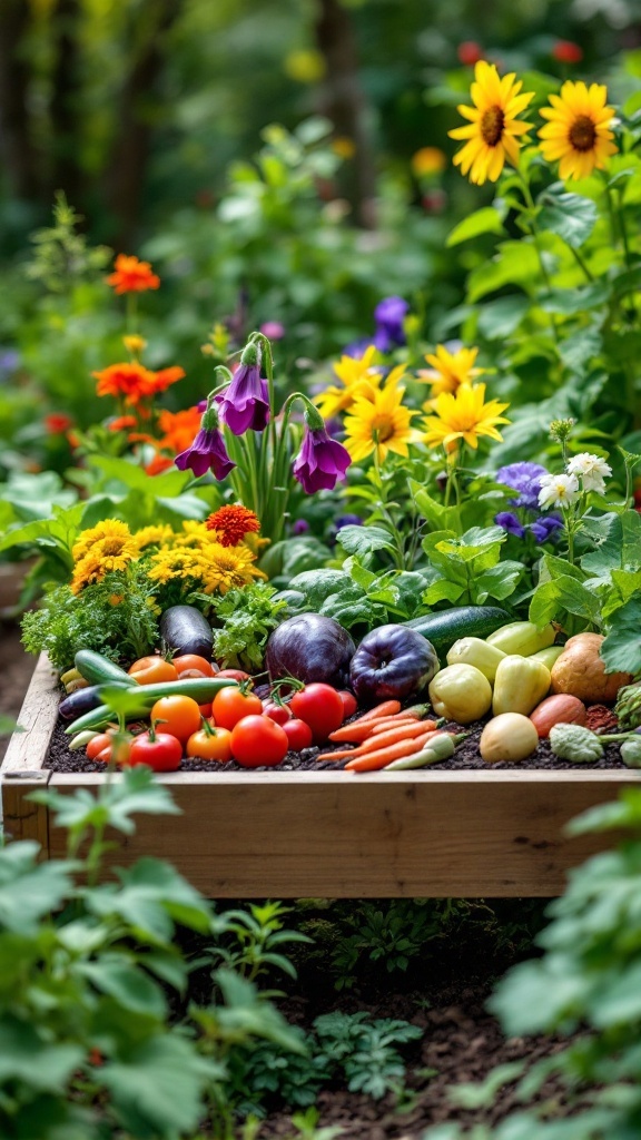A vibrant raised garden bed filled with various vegetables and flowers.