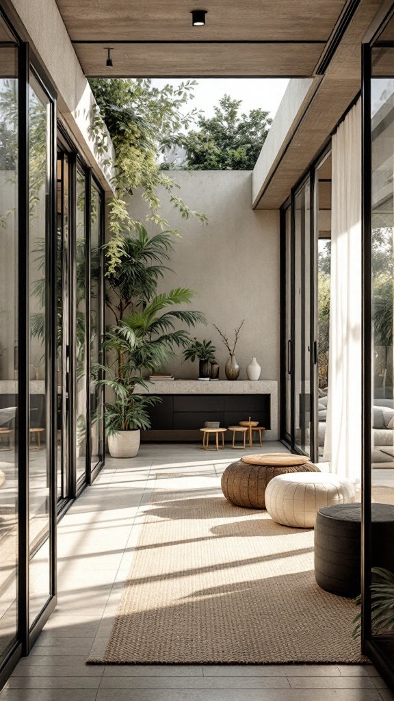 A modern indoor area with large glass walls, plants, and cozy seating, showcasing a seamless blend of indoor and outdoor spaces.