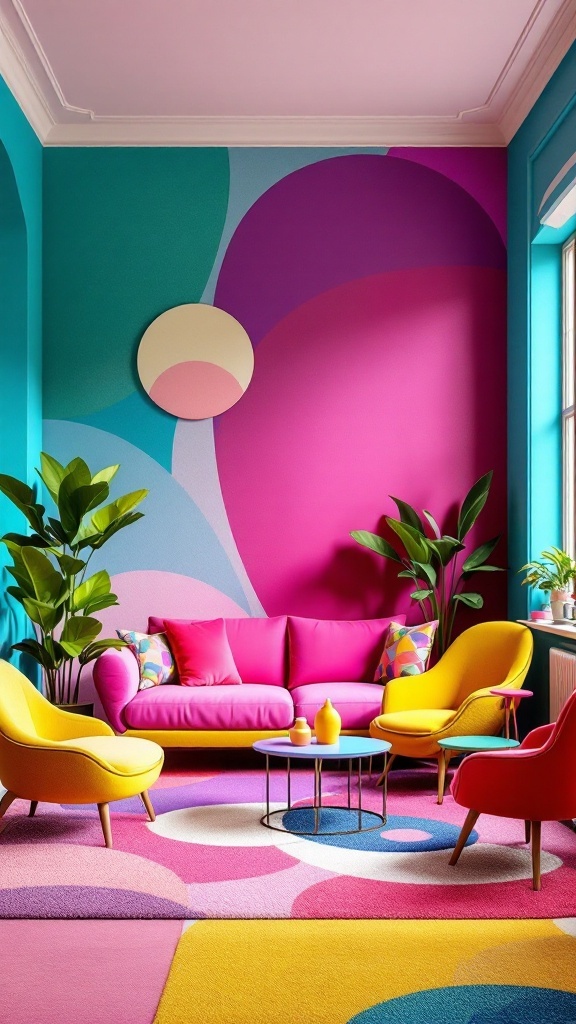 A vibrant interior with pink walls, colorful furniture, and decorative plants.