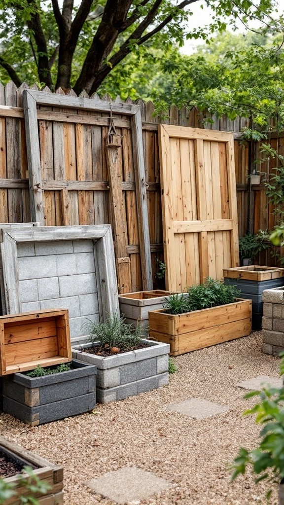 Various raised garden beds made from wood and concrete.