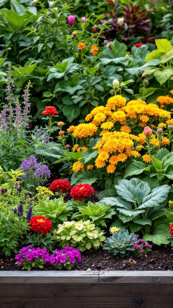 Colorful flowers and leafy greens in a raised garden bed.