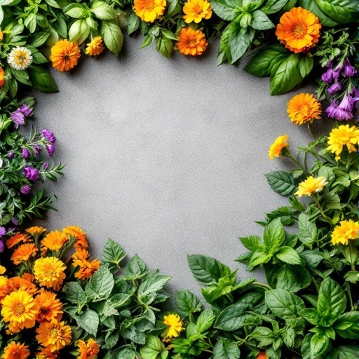 A collection of colorful flowers and herbs arranged around a blank space, showcasing the concept of companion planting.