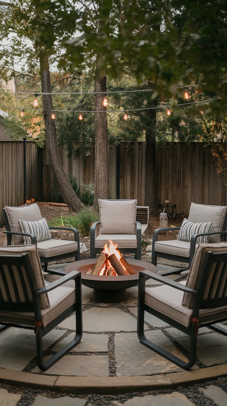 Cozy seating area with fire pit and comfortable chairs in a small backyard.