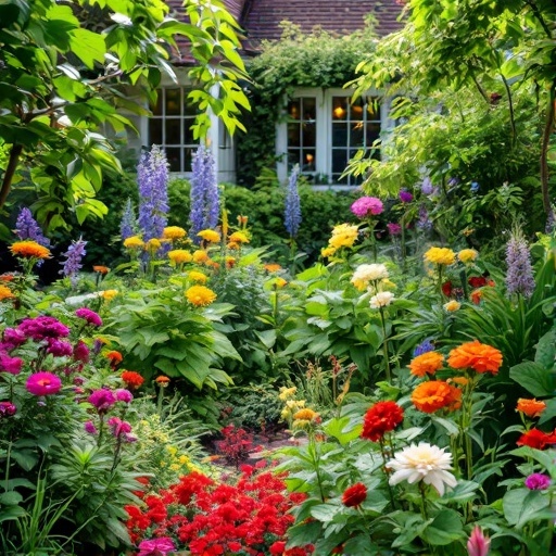A vibrant garden filled with various colorful flowers and plants, showcasing a diverse ecosystem.