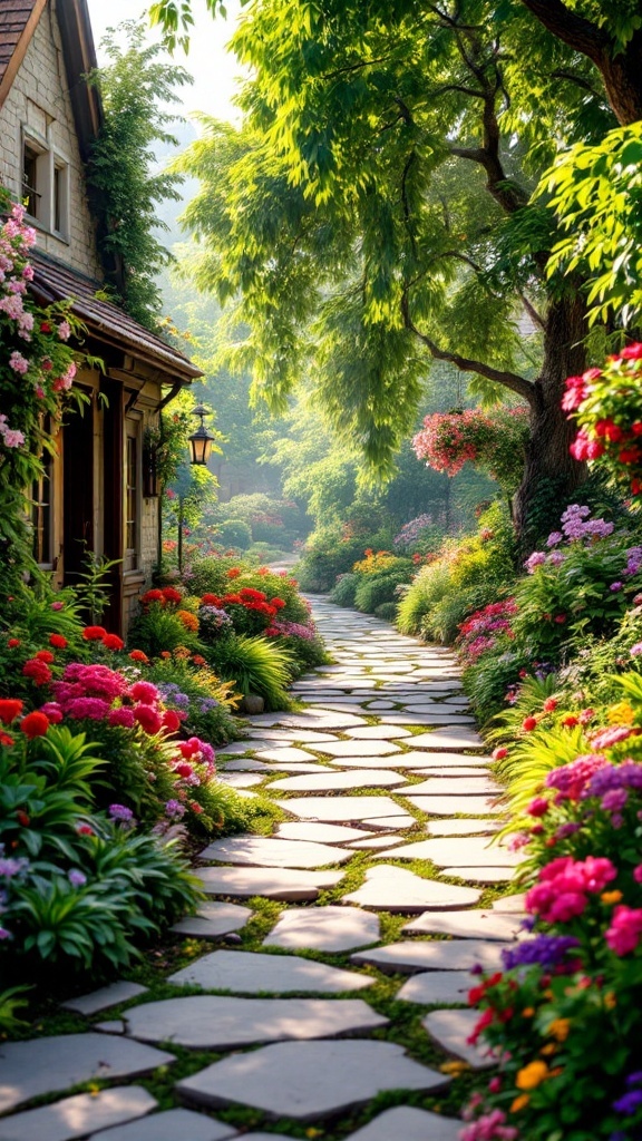Beautiful stone pathway surrounded by colorful flowers and greenery
