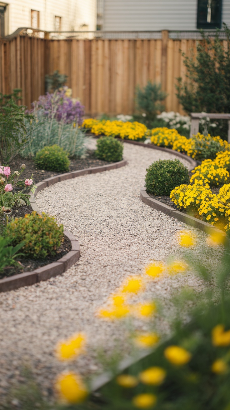 A winding gravel pathway surrounded by colorful flowers and greenery in a small backyard.