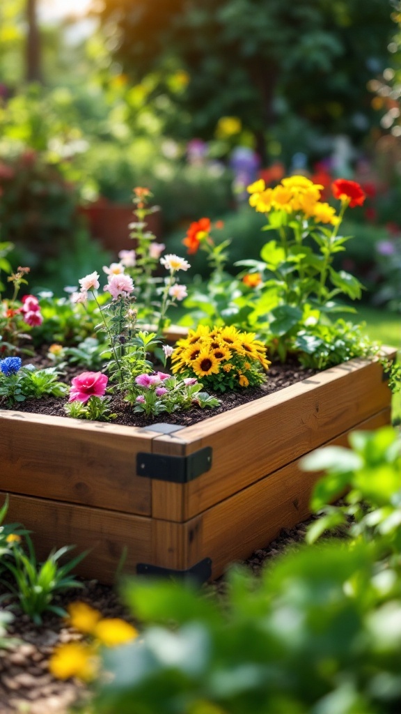 A close-up view of a raised garden bed filled with colorful flowers, set in a lush garden.