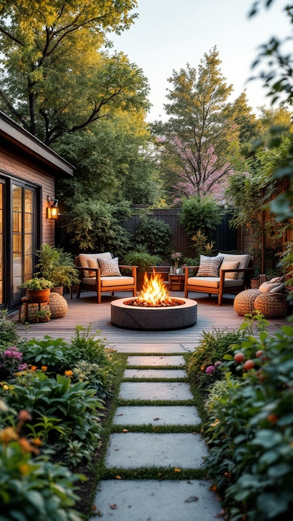 A cozy outdoor space featuring a fire pit and seating area surrounded by lush greenery and colorful flowers.