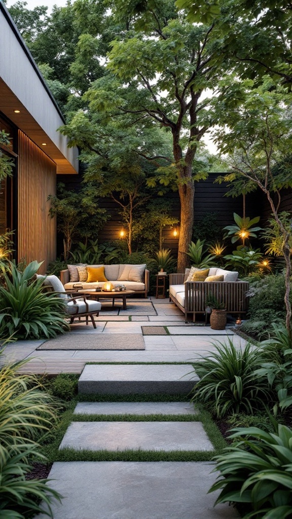 A cozy outdoor seating area surrounded by greenery and soft lighting, featuring stone pathways and stylish furniture.