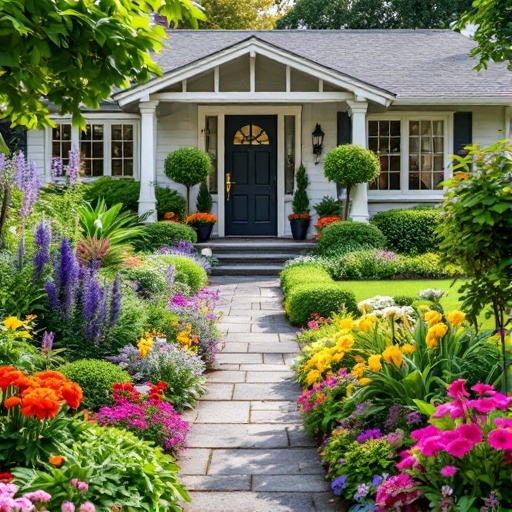 A front yard garden with colorful flowers and a stone pathway leading to a house.