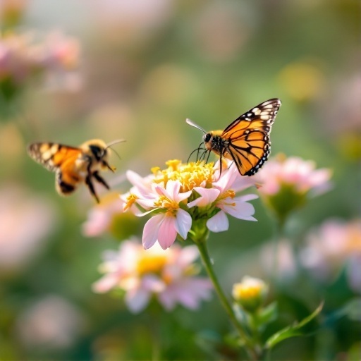 A butterfly and a bee on flowers in a garden
