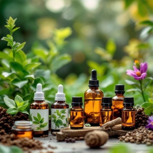 Bottles of essential oils surrounded by greenery and flowers