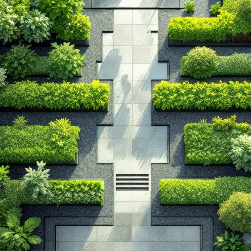 Geometric vegetable garden layout with structured beds and paths