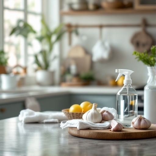A clean kitchen counter with garlic, lemons, and a spray bottle, suggesting homemade organic pest control.