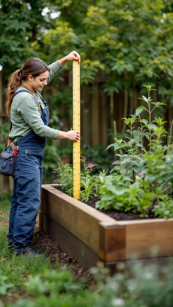 A person measuring the height of a raised garden bed with a ruler.
