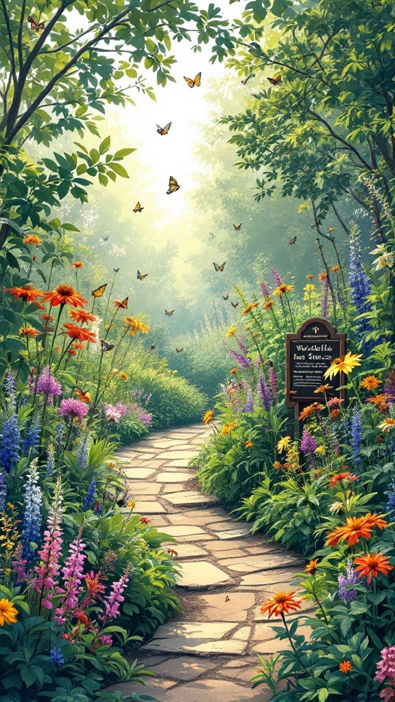 A beautiful garden path lined with vibrant native flowers and greenery, showcasing the beauty of incorporating native plants in home landscaping.