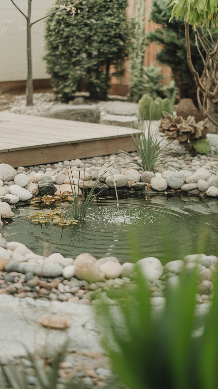 A tranquil small pond surrounded by pebbles and plants in a cozy backyard.
