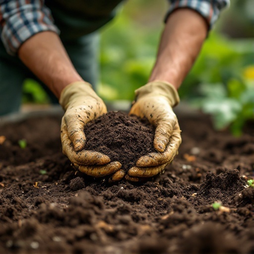 A close-up of a gardener's hands holding rich, dark soil, showcasing the importance of healthy soil in gardening.
