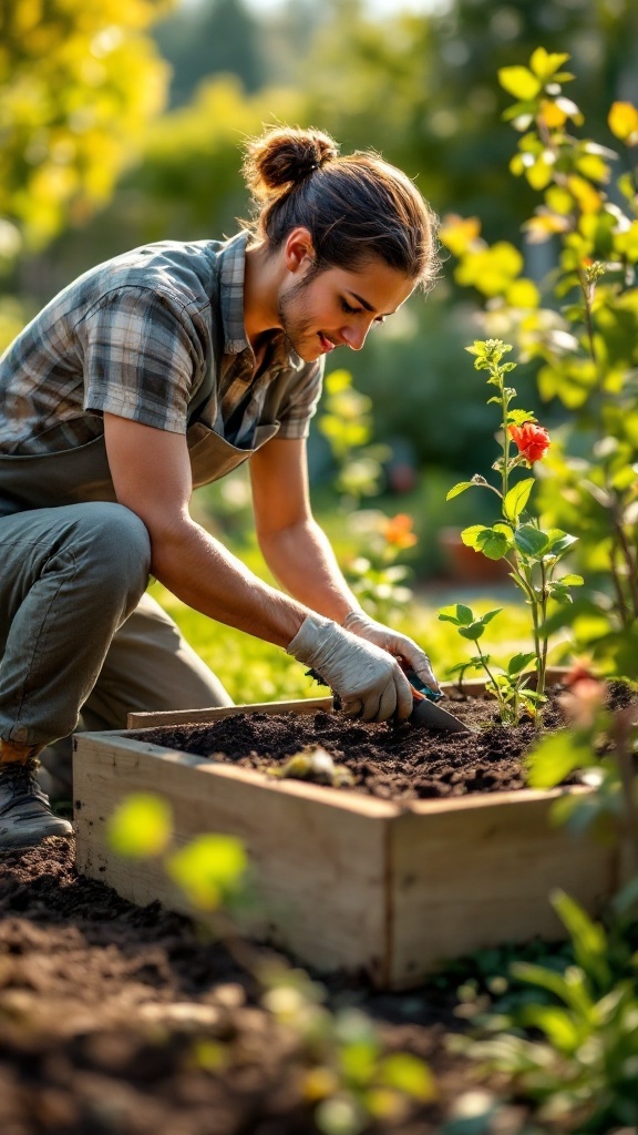 A person tending to a raised garden bed, surrounded by blooming flowers and greenery.