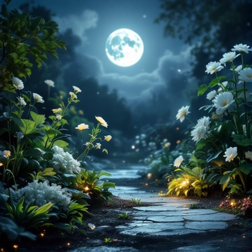 A serene moonlit garden with white flowers and a stone path.