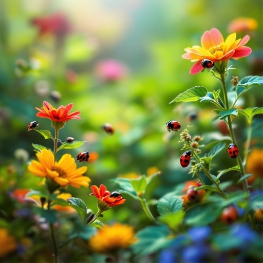 Colorful garden with ladybugs on flowers, showcasing natural pest control