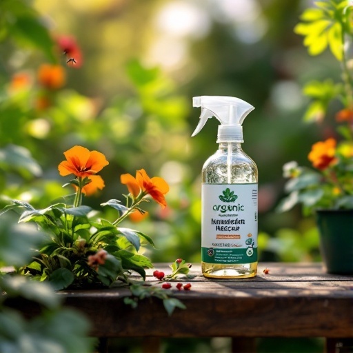 A bottle of organic insecticidal soap placed next to colorful flowers in a garden.