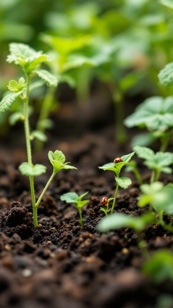 Close-up of small plants with ladybugs in healthy soil
