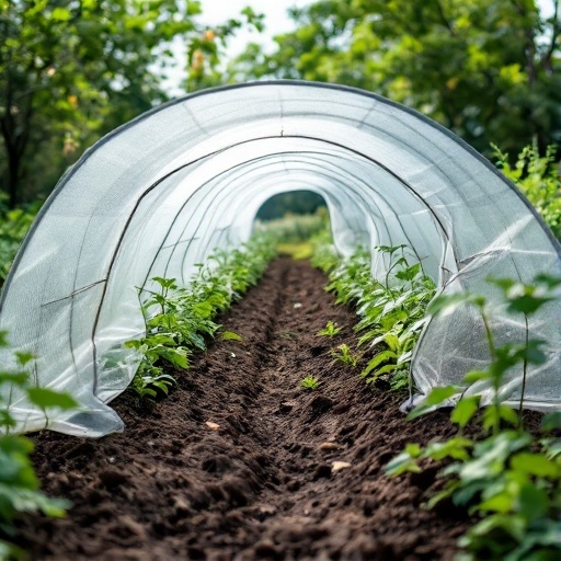 A garden with protective row covers over plants to keep pests away.