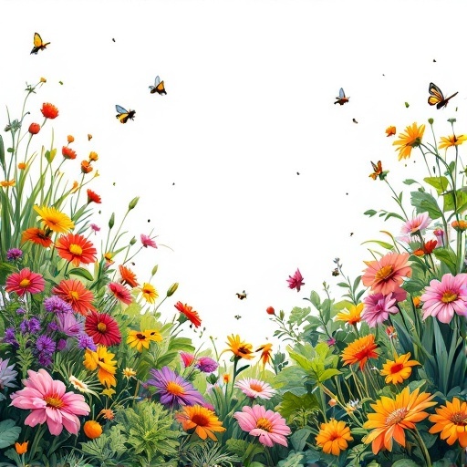 A colorful display of flowers with butterflies and bees, showcasing a pollinator-friendly garden.