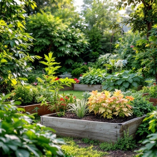 Raised bed garden with various plants including flowers and vegetables