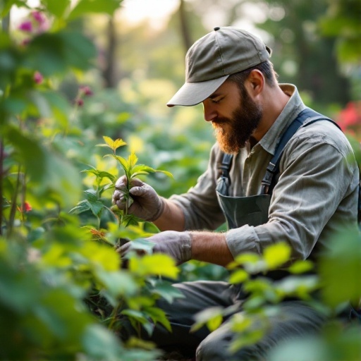 A gardener inspecting plants in a lush garden during daytime.