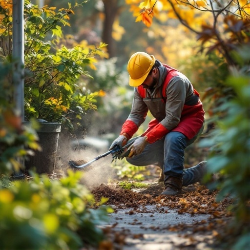 A gardener in a yellow hard hat and red vest digging in a garden surrounded by plants and fallen leaves.