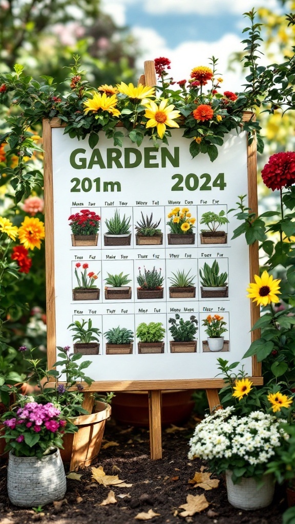 A garden sign displaying a seasonal planting guide with various plants.