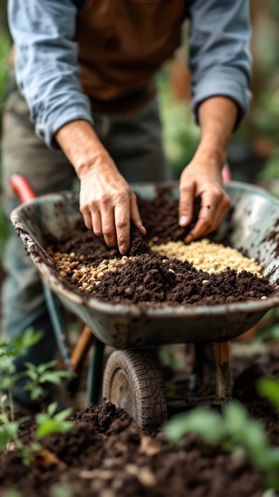 A person mixing soil in a wheelbarrow for raised garden beds.