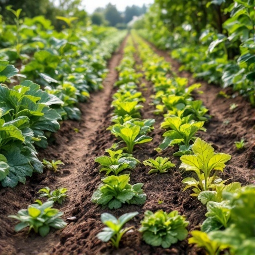 Rows of green plants growing in well-tilled soil, showcasing succession planting in a vegetable garden.
