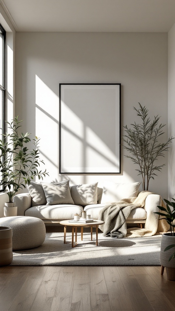 A minimalist living room with a cozy sofa, small coffee table, and plants.