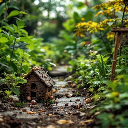 A small wooden house in a lush garden setting
