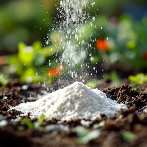 Diatomaceous earth being sprinkled on soil in a garden.