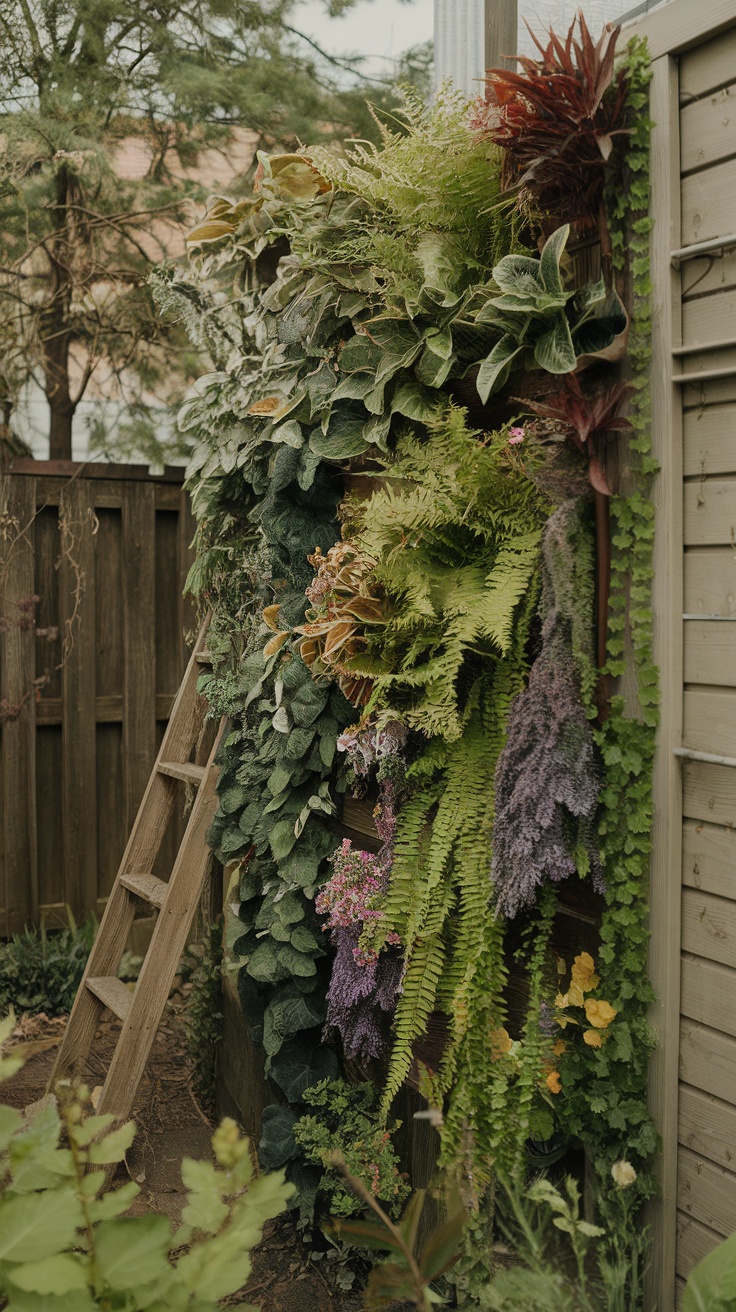 A lush vertical garden with a wooden ladder beside it, showcasing various plants and flowers.