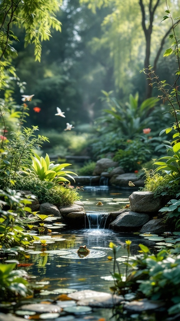 A tranquil water feature surrounded by lush greenery and flowers.