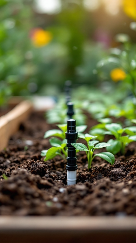 Drip irrigation system in a raised garden bed with young plants growing.