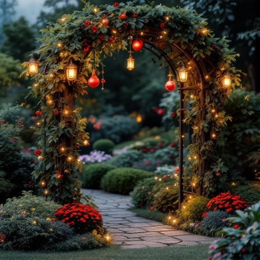 A beautifully adorned garden trellis with lanterns, fairy lights, and vibrant flowers.